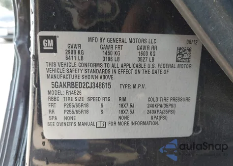 2012 Buick Enclave Convenience from USA, damaged, VIN 5GAKRBED2CJ348615